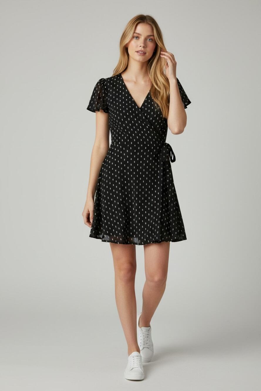 Abercrombie & Fitch Black White Polka Dot Flutter Sleeve Wrap Mini Dress Size S